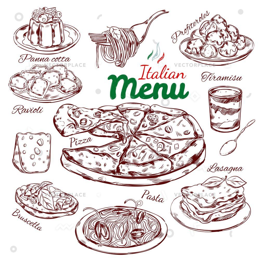 1000x1000 Italian Food Sketch Collection National Traditional Vector - Dishes Sketch