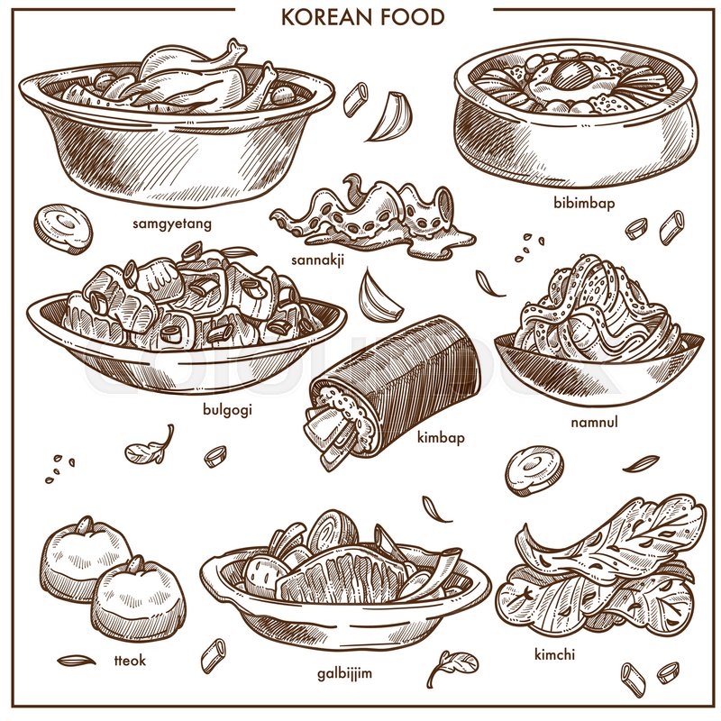 800x800 Korean Cuisine Traditional Dishes Sketch Icons. Vector Set Of - Dishes Sketch