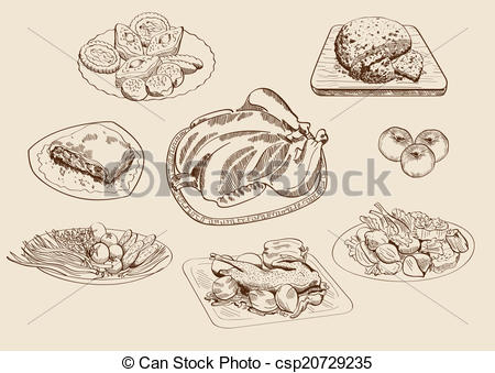 450x339 Main Dishes And Ingredients. Set Of Vector Sketches. - Dishes Sketch