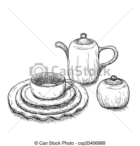 450x470 Tea Time Set With Dishes. Hand Drawn Vector Set In Sketch Style. - Dishes Sketch