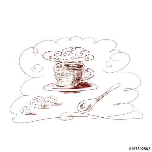 500x500 Digital Sketch Coffee Set In A Cup With Sugar And Spoon. Abstract - Dishes Sketch