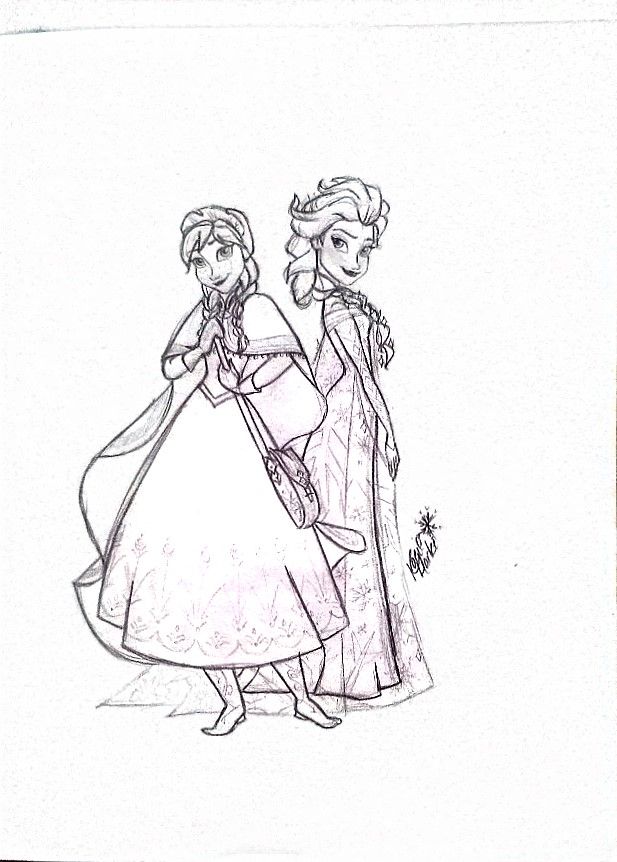 617x862 Elsa And Anna From Frozen Sketch By On - Disney Frozen Sketches