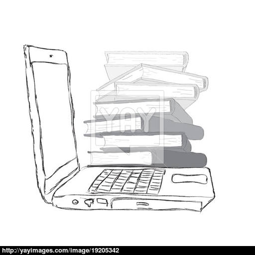 512x512 Sketch Laptop With Books And Blank Display Image - Display Sketch