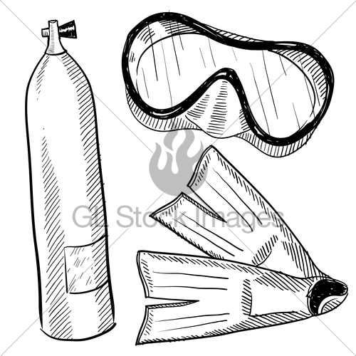 500x500 Scuba Diving Gear Sketch Gl Stock Images - Diver Sketch