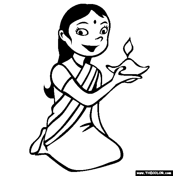 554x565 Diwali Celebration Girl And Lamp Coloring Page - Diwali Lamp Sketch