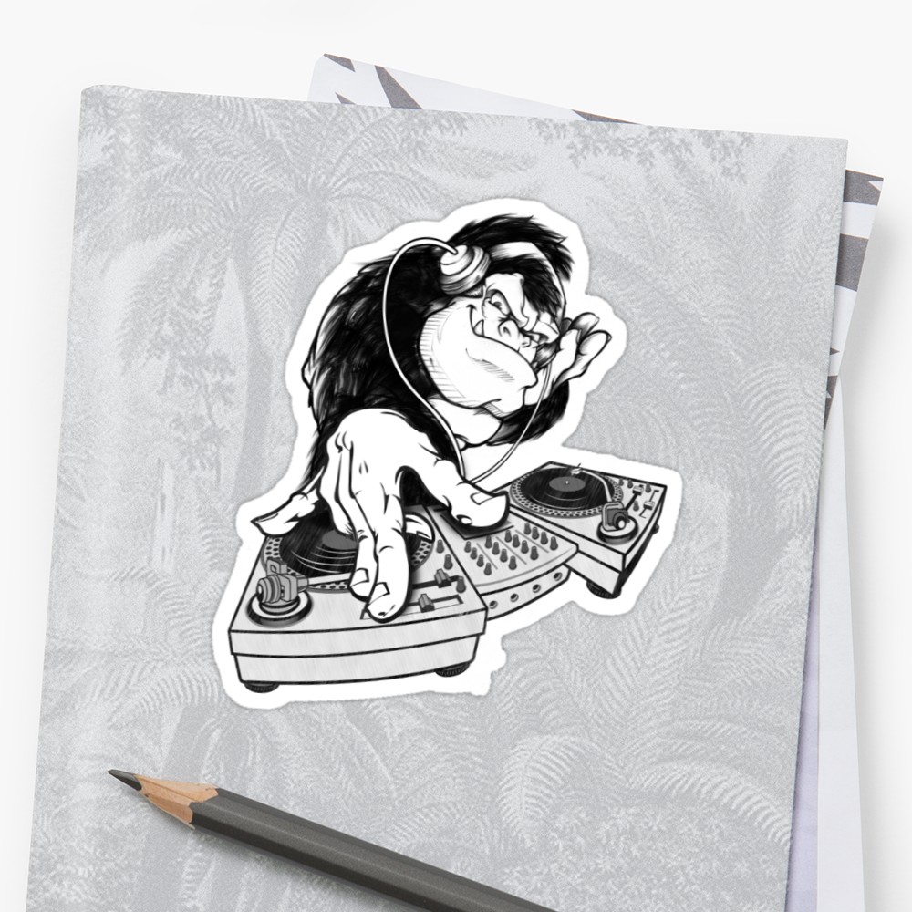 1000x1000 Monkey Animal Music Headphones Dj Turntable Stickers By Wild - Dj Headphones Sketch