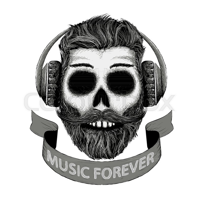 800x800 Sketch Of Human Skull With A Mustache And Beard In Headphones - Dj Headphones Sketch