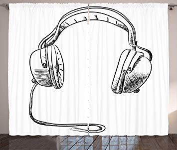 355x301 Ambesonne Music Curtains, Sketch Style Hand Drawn Dj - Dj Headphones Sketch