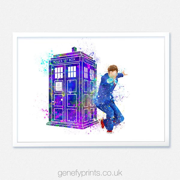 600x600 David Tennant Doctor Who 10th Doctor Amp Tardis Watercolor Print - Doctor Who Tardis Sketch