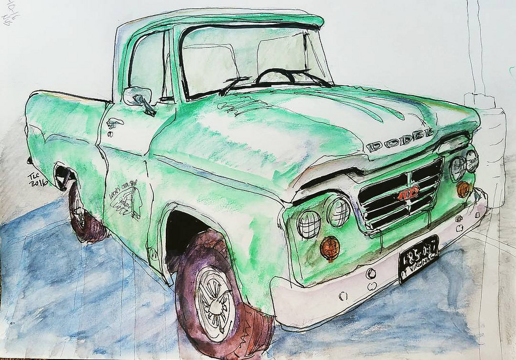 1024x715 1962 Dodge 100 Pickup Truck. Watercolor Pencil, Fountain - Dodge Truck Sketch