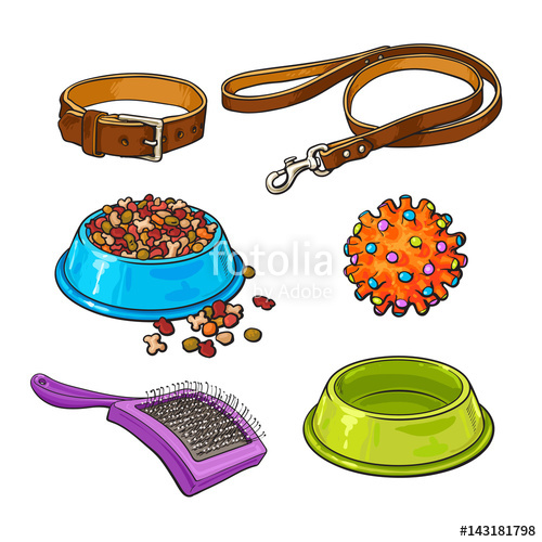 500x500 Set Of Pet, Cat, Dog Accessories Full And Empty Bowl, Collar - Dog Bowl Sketch