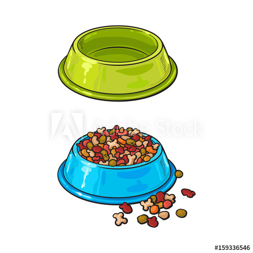 500x500 Two Shiny Plastic Bowls, One Empty, Another Filled With Dry Pet - Dog Bowl Sketch