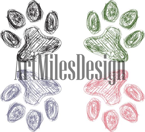 570x518 Cute Dog Paw Cat Paw Colourful Sketch Drawing Vector Animal Etsy - Dog Paw Print Sketch