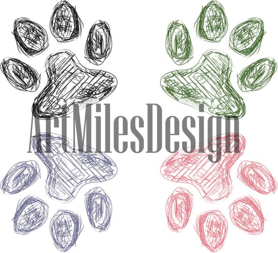 570x518 Cute Dog Paw Cat Paw Colourful Sketch Drawing Vector Animal Etsy - Dog Paw Sketch