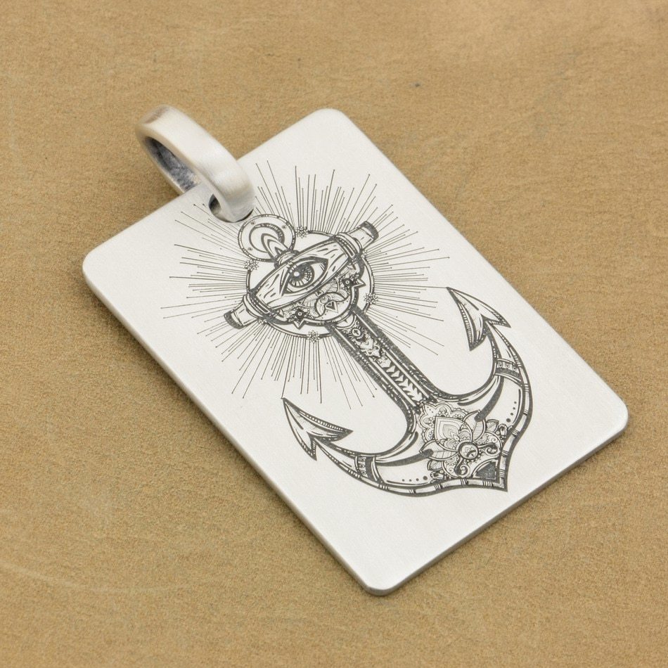 950x950 Sterling Silver Deep Engraved High Detail Eyes Anchor - Dog Tag Sketch