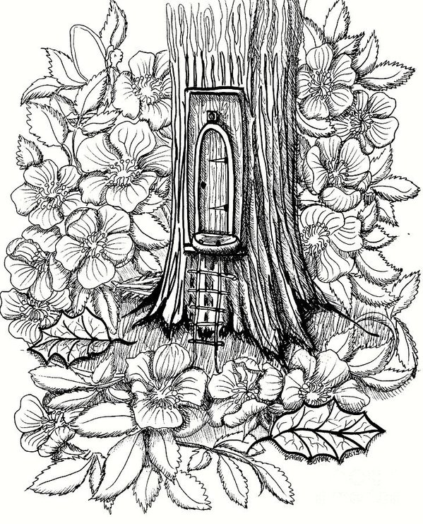 599x741 Fairy Tree Door With Dogwood Art Print By Dawn Boyer - Dogwood Tree Sketch