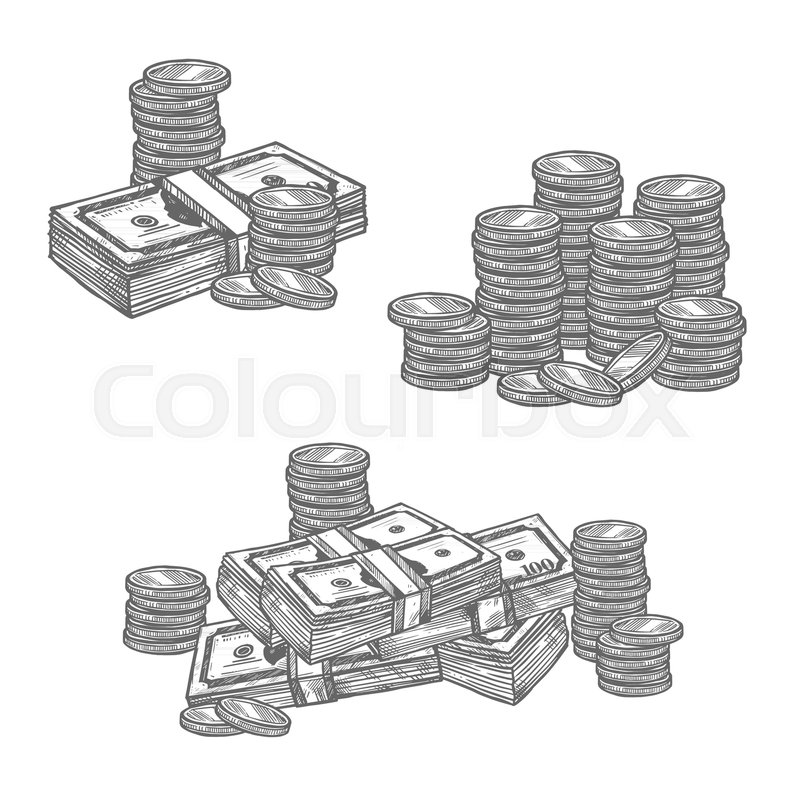 800x800 Dollar Banknotes And Cent Coins Money In Bundles And Piles Sketch - Dollar Sketch