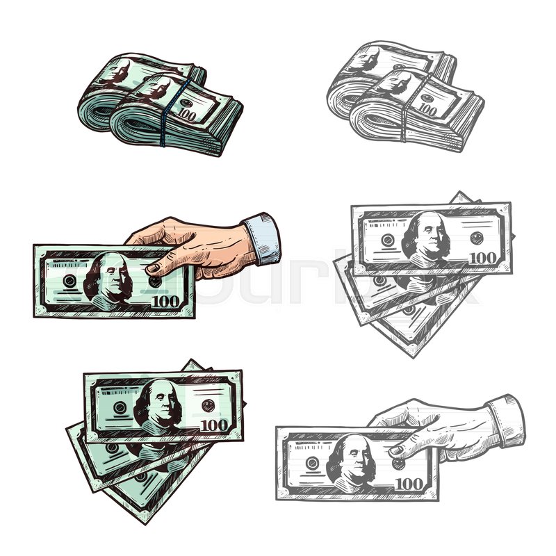 800x800 Hand Holding Money Dollar Banknotes Sketch Icons. Vector Set Of - Dollar Sketch