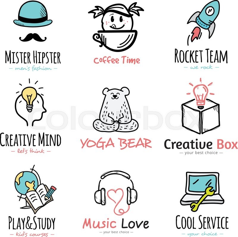 800x797 Set Of Vector Doodle And Sketch Style Logos. Creative Yoga Logo - Doodle And Sketch