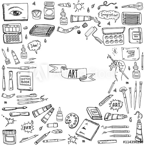 500x500 Hand Drawn Doodle Art And Craft Tools Icons Set Vector - Doodle Art Sketch