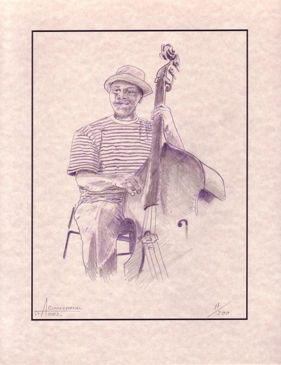 570x740 New Orleans Jazz Man Double Bass Original Artist Pencil Etsy - Double Bass Sketch