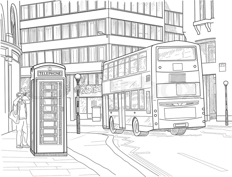 800x611 Sketch Of London Street With Double Decker Bus And Telephone Booth - Double Decker Bus Sketch