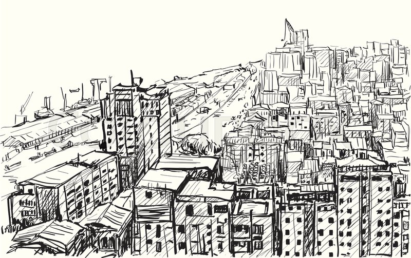 800x503 Sketch Cityscape Of Yangon, Myanmar Skyline, Show Building In - Downtown Sketch