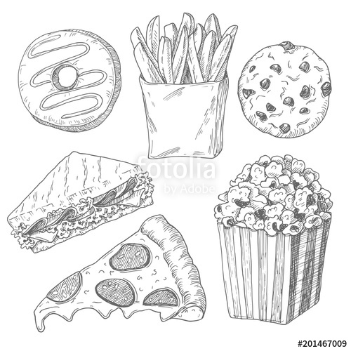 500x500 Hand Drawn Fastfood Set, Black And White Draft Sketch Isolated On - Draft Sketch