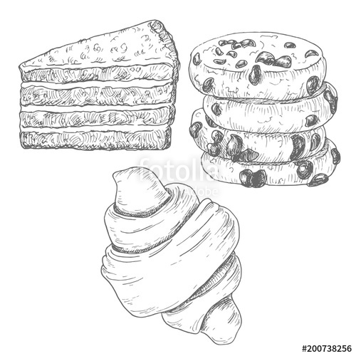 500x500 Sketch Ink Graphic Bakery, Cookies, Cake And Croissant - Draft Sketch