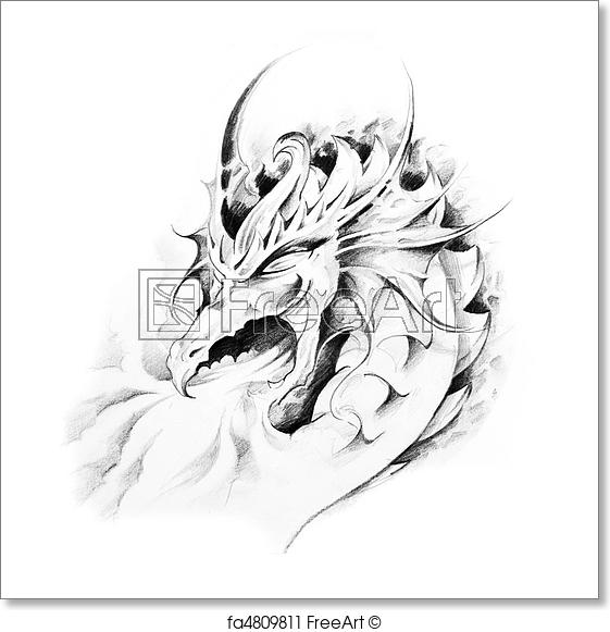 561x581 Free Art Print Of Sketch Of Tattoo Art, Dragon . Sketch Of Tattoo - Dragon Art Sketch