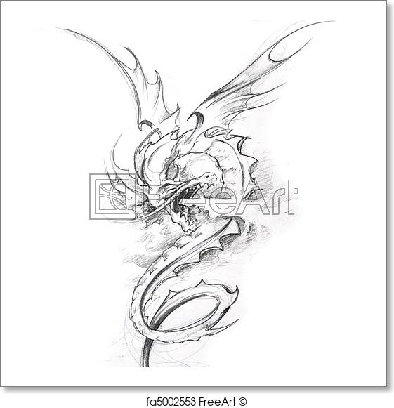 561x581 Free Art Print Of Tattoo Art, Sketch Of A Medieval Dragon - Dragon Sketch Art