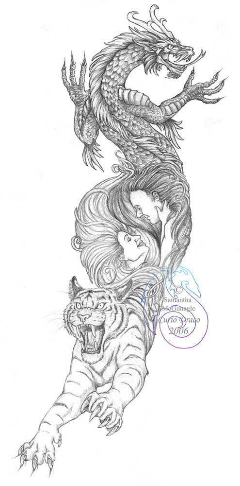 495x1000 Tiger And Dragon Tattoo Design - Dragon Sketch Tattoo