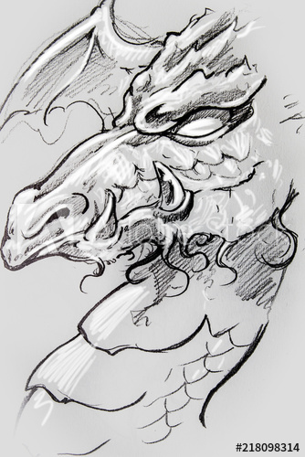 334x500 Dragon, Tattoo Sketch, Handmade Design Over Vintage Paper - Dragon Tattoo Sketch