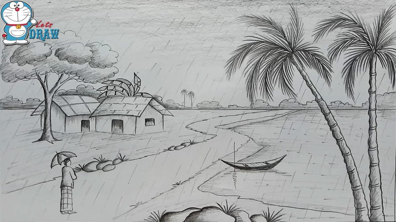 1280x720 How To Draw Scenery Of Rainy Season By Pencil Sketch Step By Step - Drawing Of Sketch