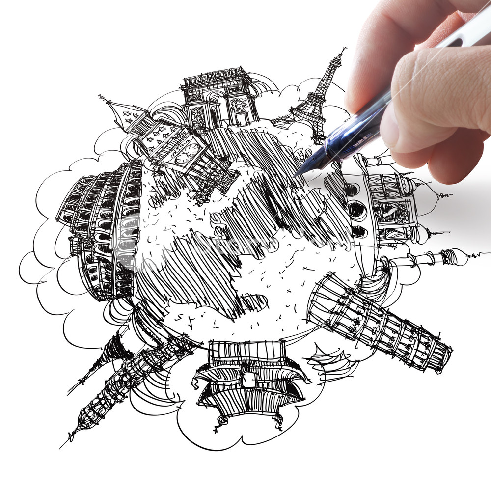 1000x1000 Hand Drawing The Dream Travel Around The World Royalty Free Stock - Dream Sketch