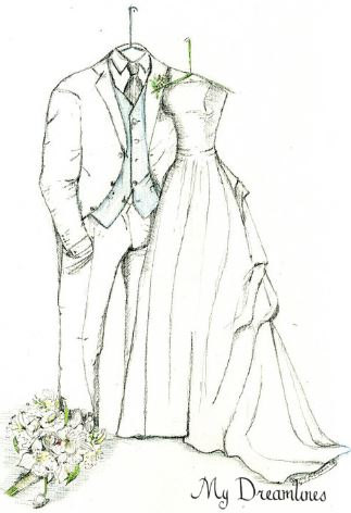 323x472 Sketch Of Wedding Dress Tux Amp Bouquet One Year By Dreamlines - Dreamlines Sketch