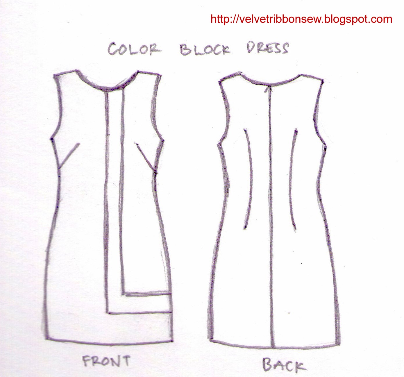 1390x1297 Velvet Ribbon Sewing In Progress Color Block Dress - Dress Flat Sketch