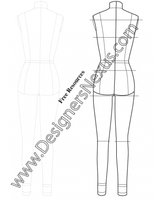 316x409 Full Body Female Dress Form Template Sketch V7 Back View - Dress Form Sketch