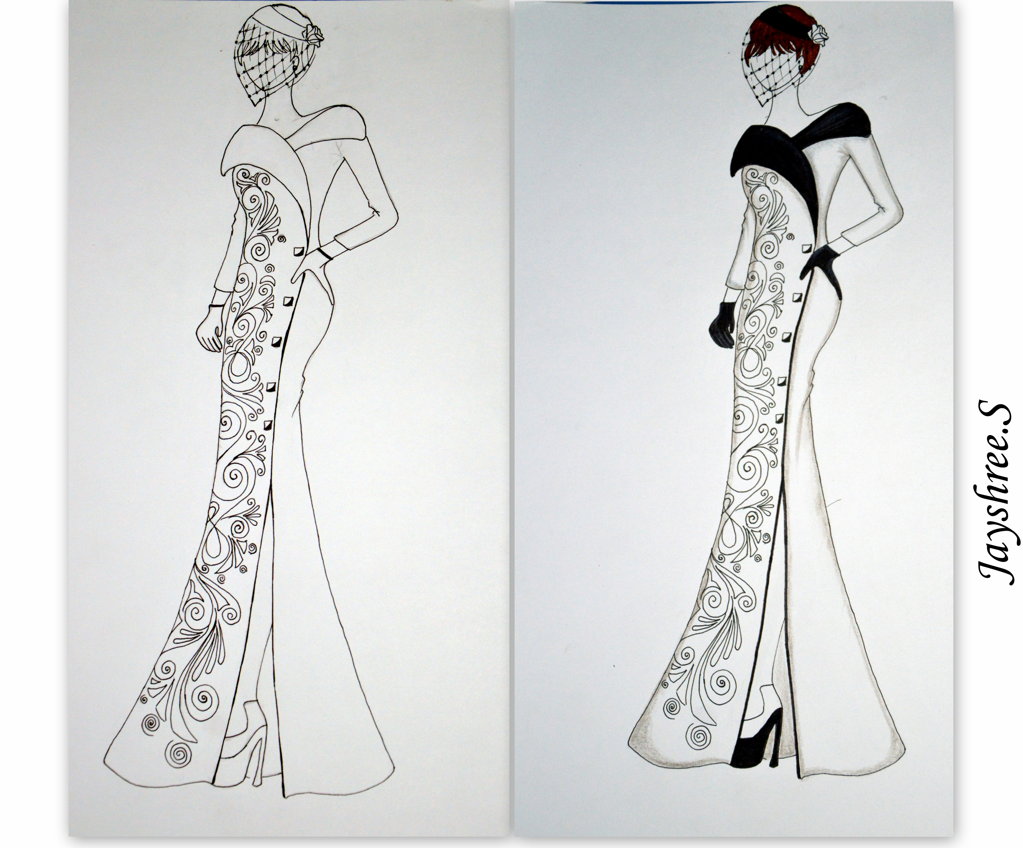 3451x2863 Indian Fusion With Western Gowns Art Wardrobe - Dress Outline Sketch