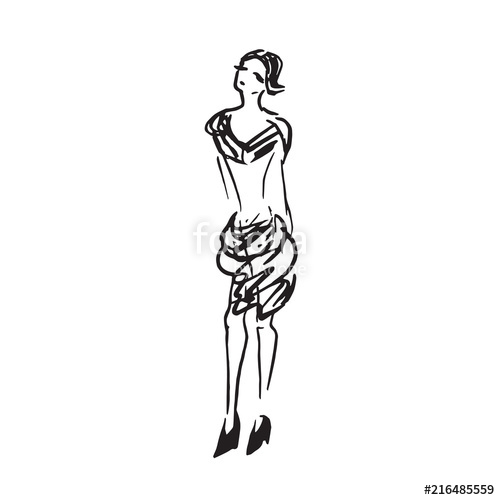 500x500 Abstract Free Fashion Model In Dress Hand Drawn Ink Doodle, Sketch - Dress Outline Sketch