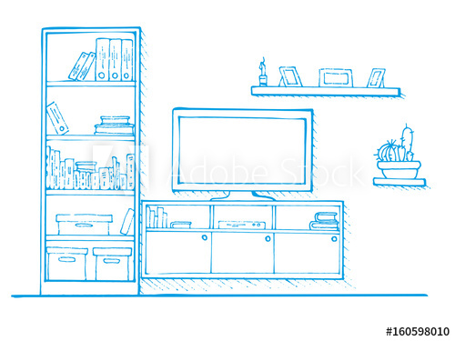 500x375 Sketch Drawn By A Blue Pen. Linear Sketch Of The Interior - Dresser Sketch