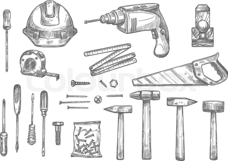 800x563 Repair, Carpentry And Woodwork Work Tools Sketch Icons Set. Vector - Drill Sketch