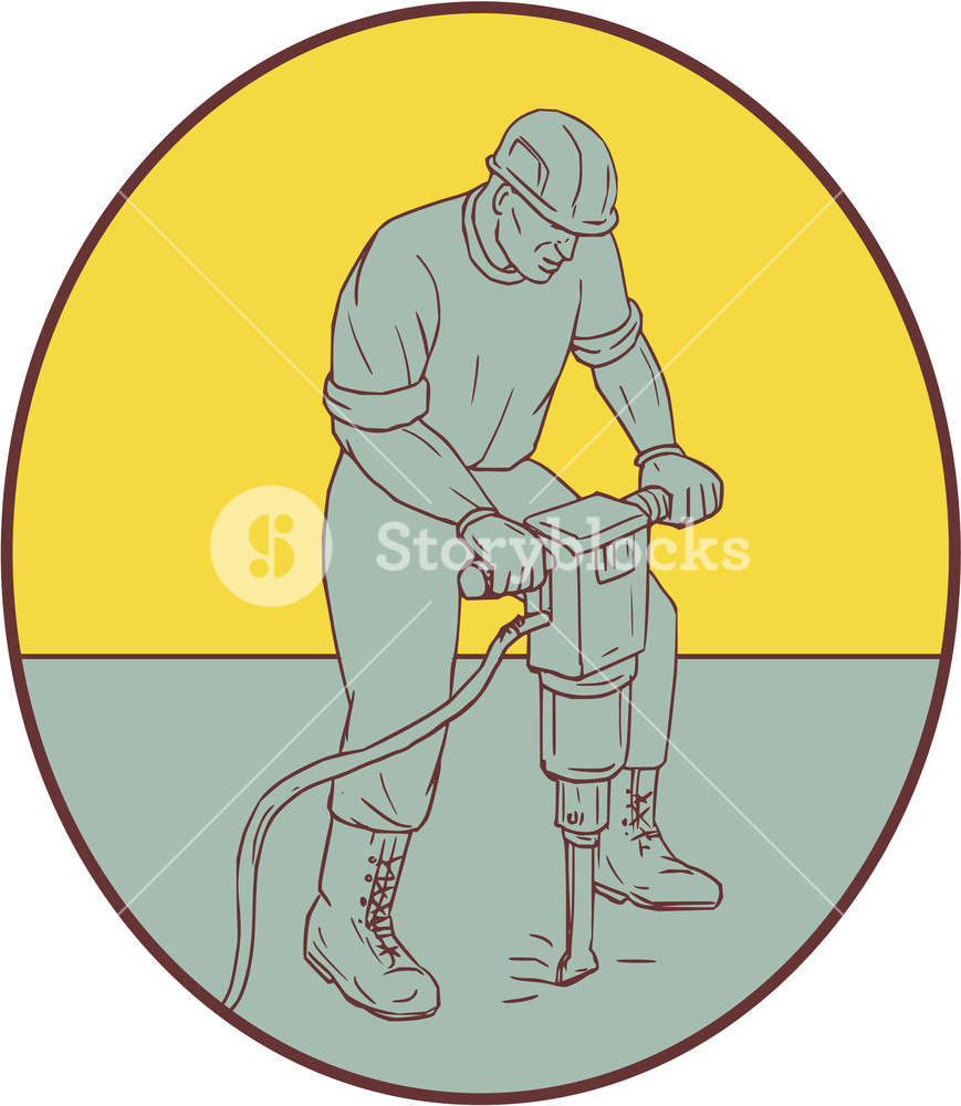 869x1000 Drawing Sketch Style Illustration Of A Construction Worker - Drill Sketch