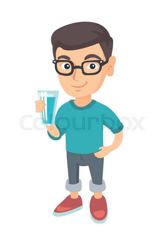 550x800 Little Caucasian Boy Holding A Glass Of Water In His Hand. Smiling - Drinking Water Sketch