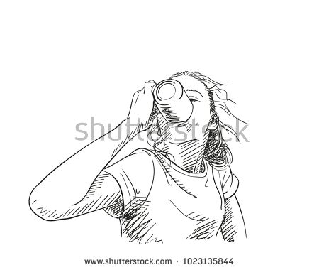 450x380 Sketch Of Teenage Girl Drinking Water From Cup, Hand Drawn Vector - Drinking Water Sketch