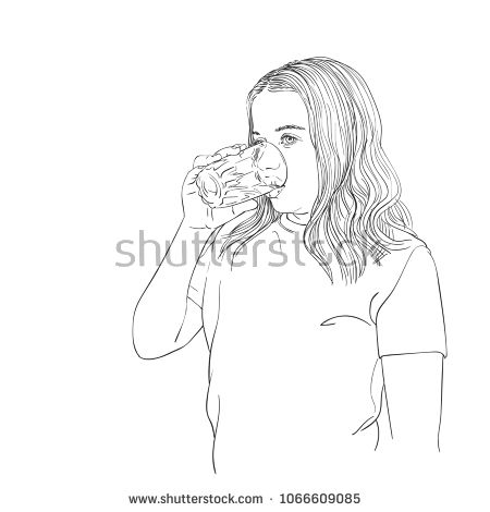 450x470 Sketch Of Teenage Girl With Long Hair Drinking Water From Glass - Drinking Water Sketch