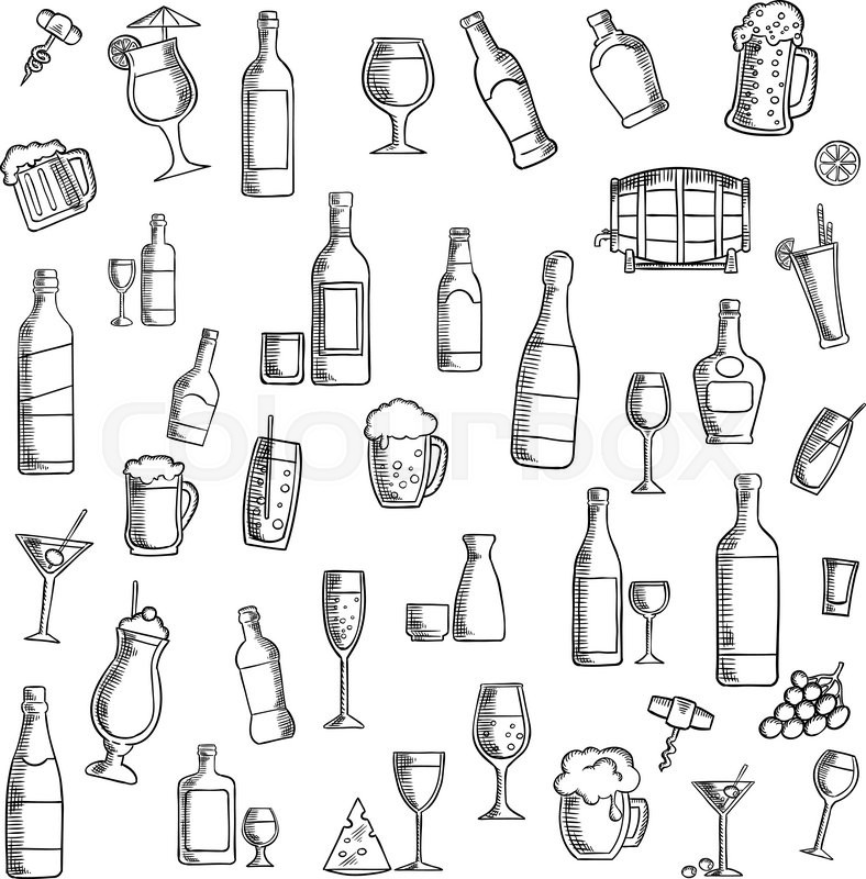 788x800 Drinks Sketch Icon With Cocktails, Wine, Beer, Vodka, Champagne - Drinks Sketch