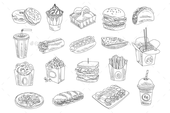 590x393 Fast Food And Drinks Sketch Set By Top Vectors Graphicriver - Drinks Sketch