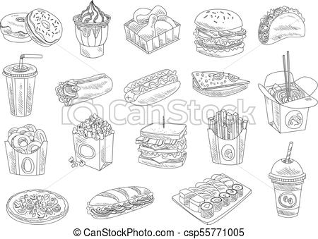450x339 Fast Food And Drinks Sketch Set. Hand Drawn Vector Design Of Fast - Drinks Sketch