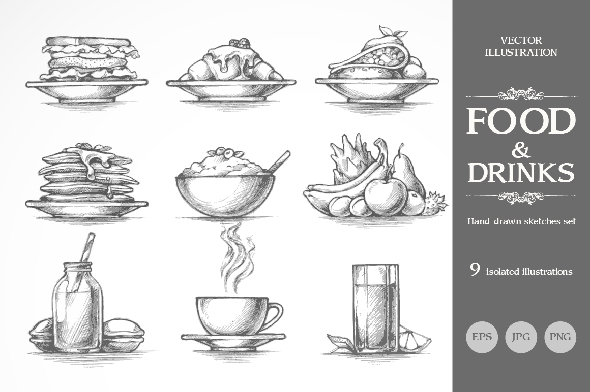 1160x772 Food And Drinks. Sketch Illustration On Behance - Drinks Sketch